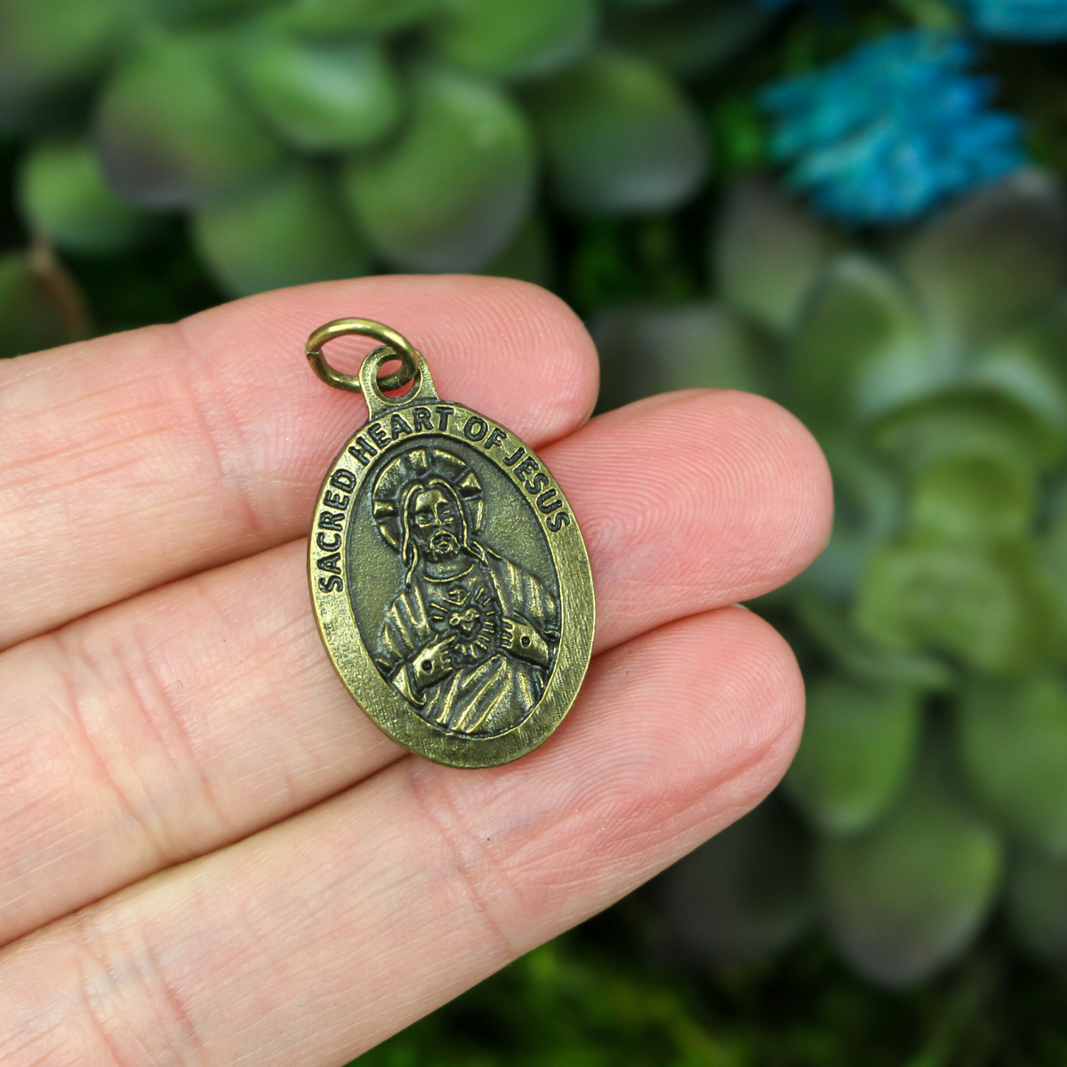 sacred heart jesus brass color medal