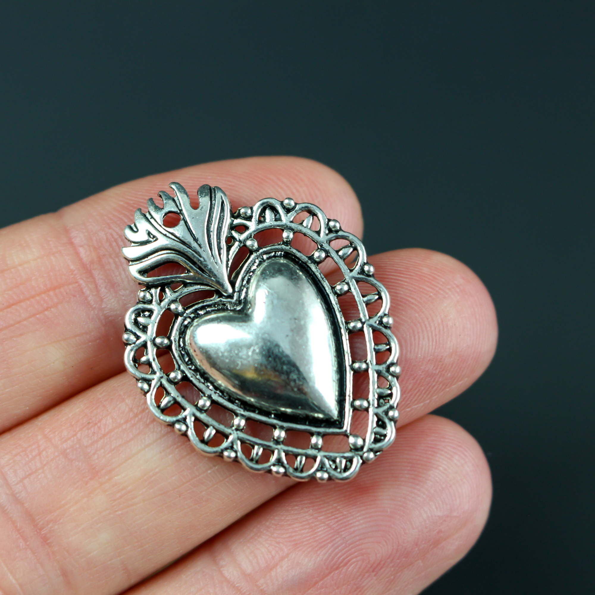 silver tone holy sacred flaming heart pendant made in italy