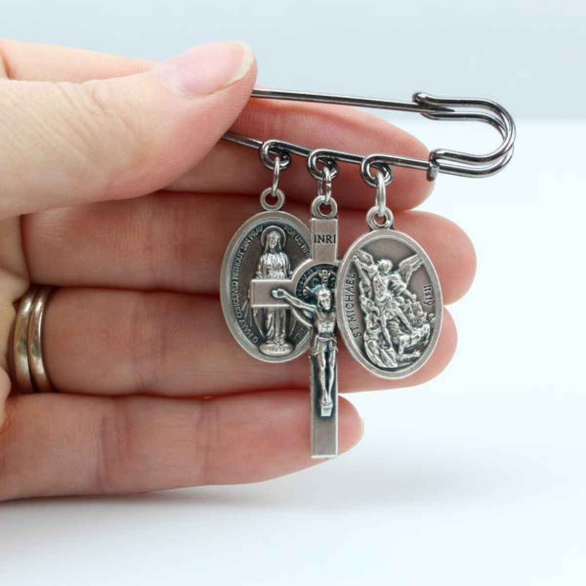 Stainless Steel Safety Pin Brooch with Three Loops for Adding Charms or Medals