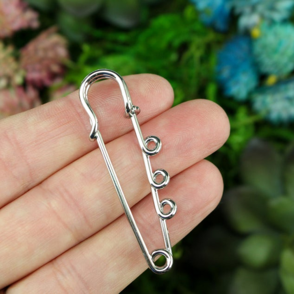 Silver Safety Pin Brooch with Three Loops for Adding Charms or Medals