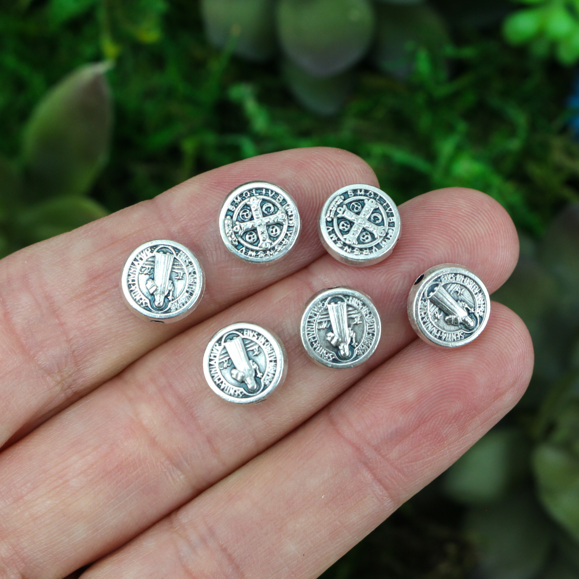 saint benedict metal spacer beads 9mm in diameter silver color
