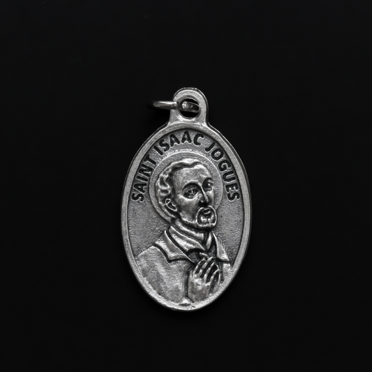 Saint Isaac Jogues medal that depicts the saint on the front and the words "Pray for us" on the back