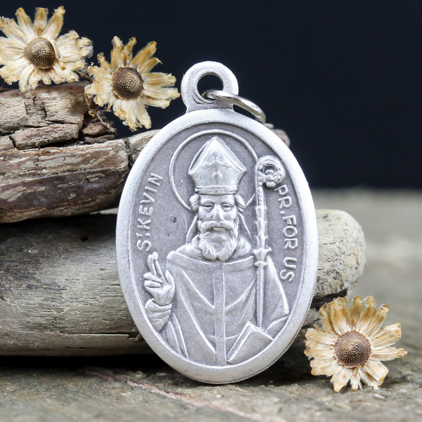 Saint Kevin of Glendalough die cast silver oval medal