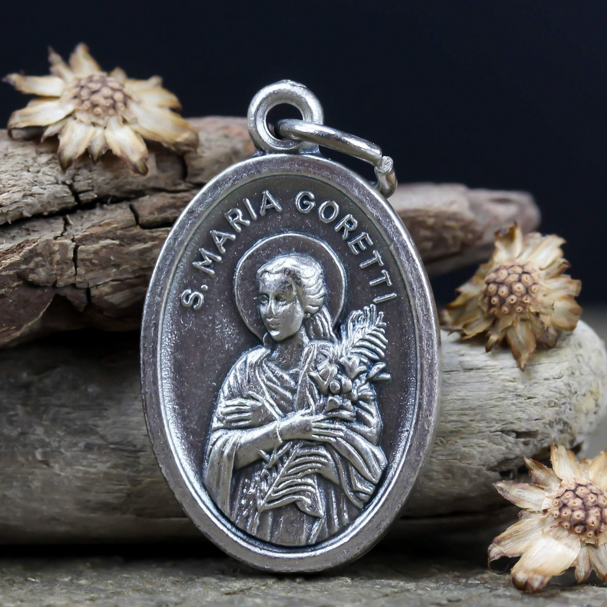 Saint Maria Goretti die cast silver one inch oval medal