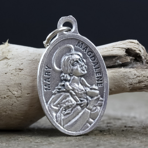 Saint Mary Magdalene die cast silver tone oval medal