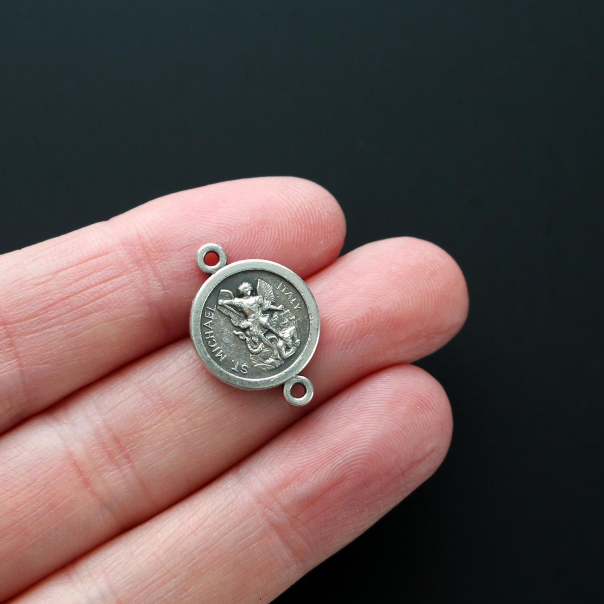 Saint Michael Guardian Angel Connector Links, Silver Plate Our Father Beads - 6pcs