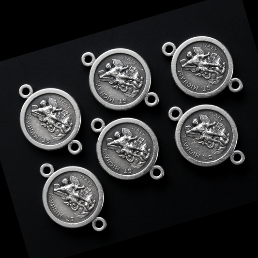 Saint Michael and Guardian Angel jewelry connector links that are oxidized silver-plate base metal made in Italy
