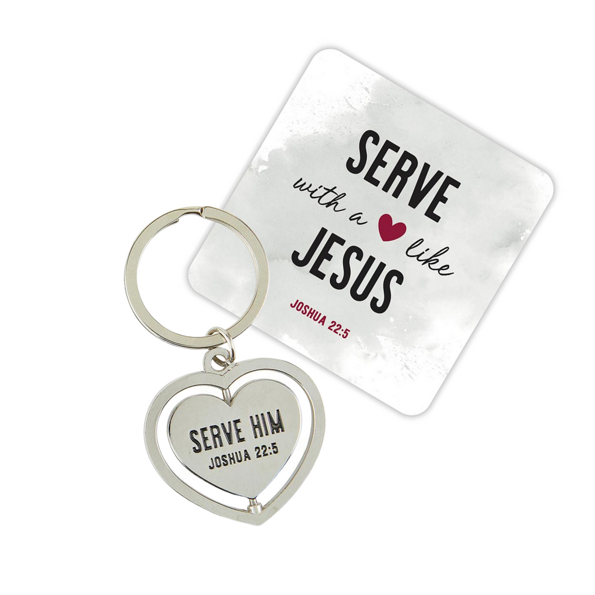 Serve with a heart like Jesus spinner key ring. The heart spins in a circle and both sides of the heart are engraved with "Serve Him Joshua 22:5".