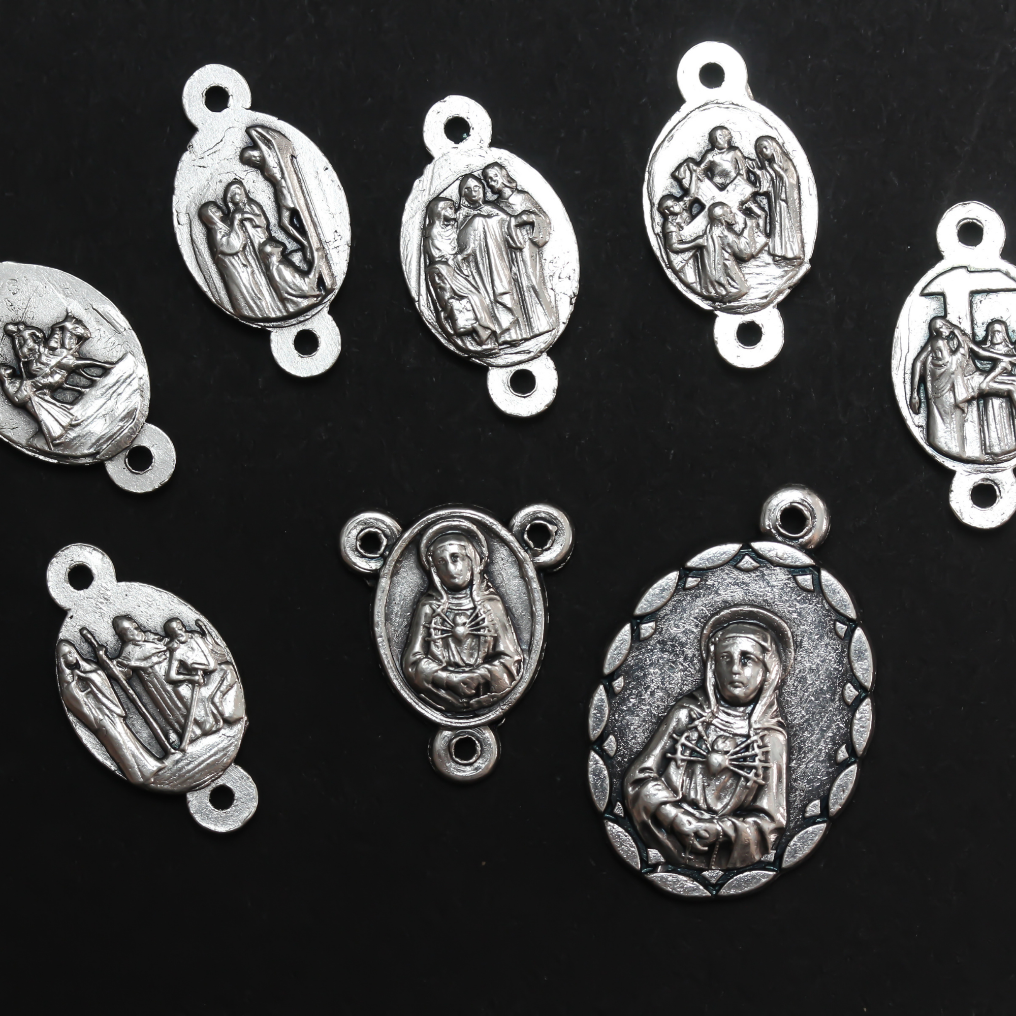 Seven Sorrows rosary making set of 8 medals. Silver oxidized, made in Italy