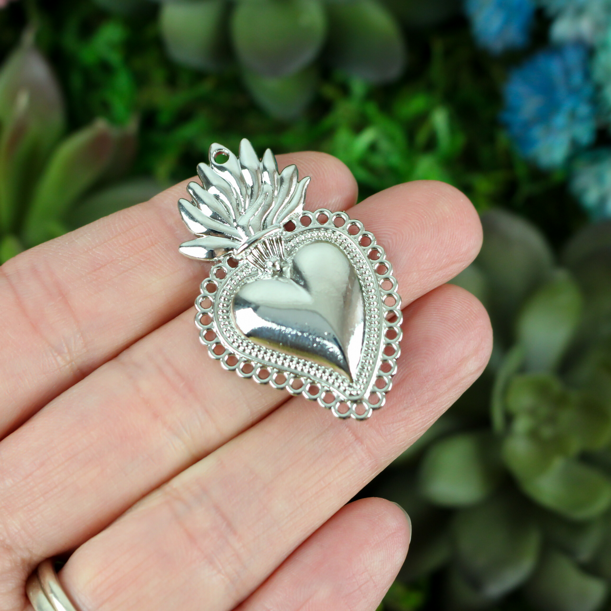 Sacred Heart Mexican Milagro Flaming Holy Heart Pendant - Shiny Silver Color