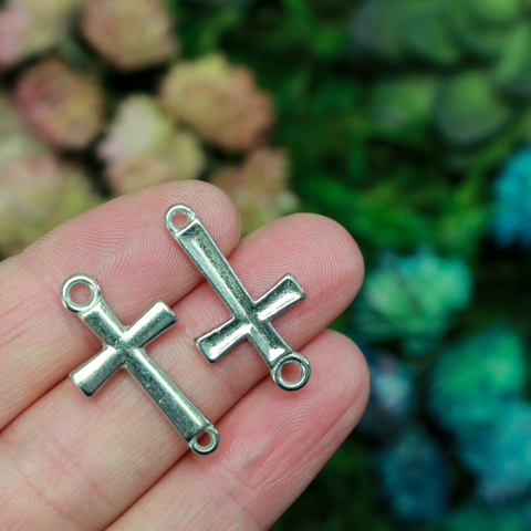 Large silver-tone sideways cross connectors that could be used for bracelets, necklaces, rosaries, 27mm long