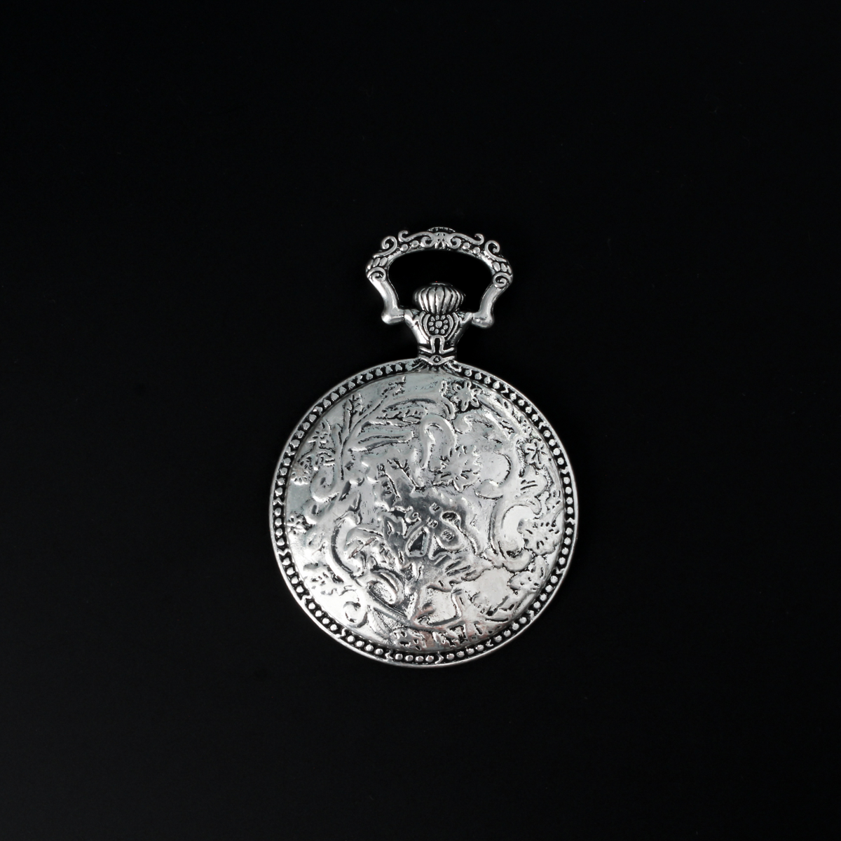 Large silver cabochon setting shaped like an old ornate pocket watch with a 33mm tray.