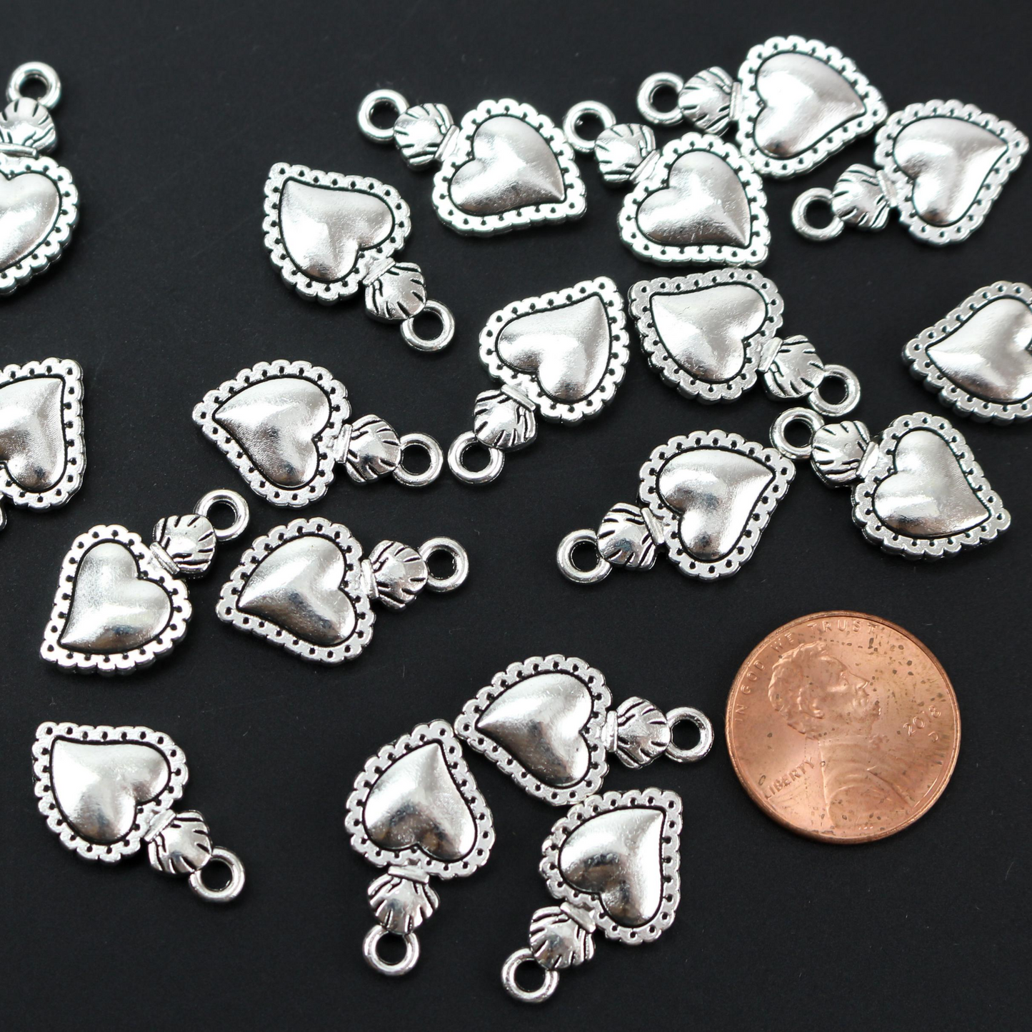 Sacred Heart Charms Silver Tone - Milagro Flaming Heart Pendants 25pcs