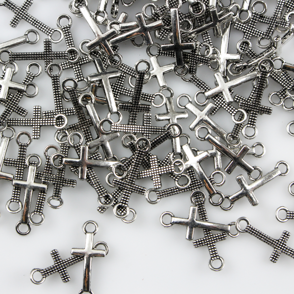 Silver Tone Curved Cross Connector Links for Bracelets, Rosaries, Chaplets - 25pcs