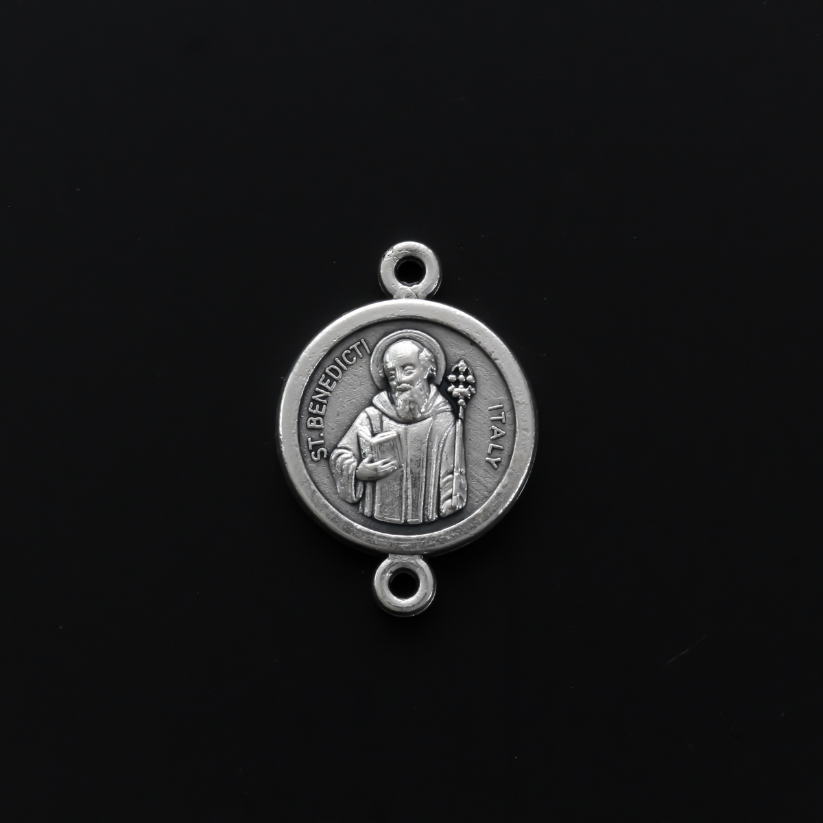 Saint Benedict Medal round flat connector links that are silver oxidized base metal and handcrafted in Italy.