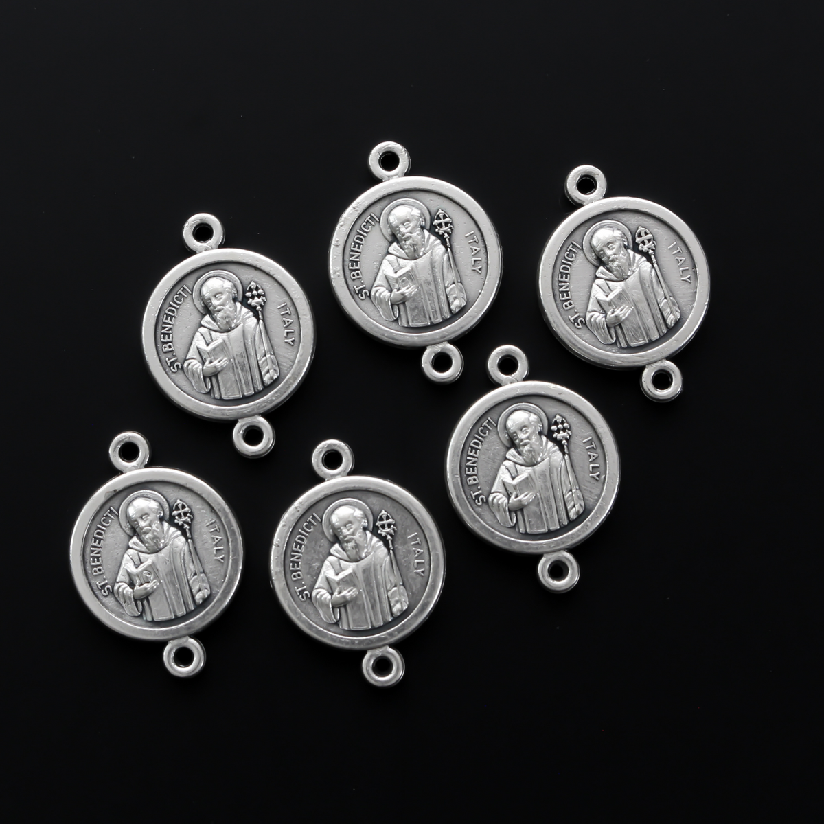 Saint Benedict Medal round flat connector links that are silver oxidized base metal and handcrafted in Italy.
