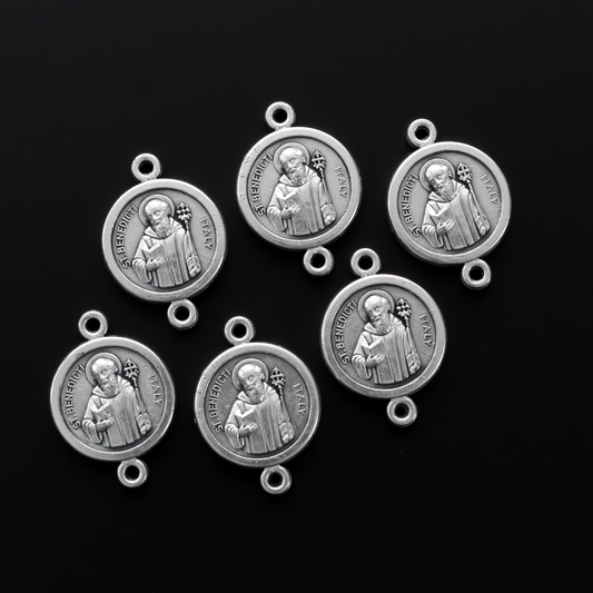 Saint Benedict Medal round flat connector links that are silver oxidized base metal and handcrafted in Italy.