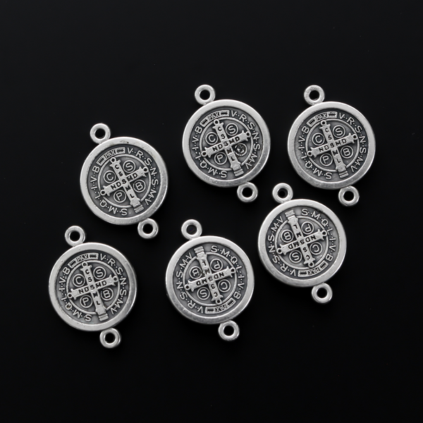 Saint Benedict Medal round flat connector links that are silver oxidized base metal and handcrafted in Italy.