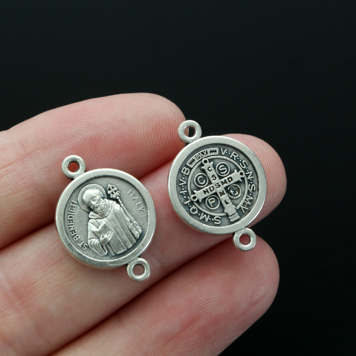 Saint Benedict Medal round flat connector links that are silver oxidized base metal and handcrafted in Italy.