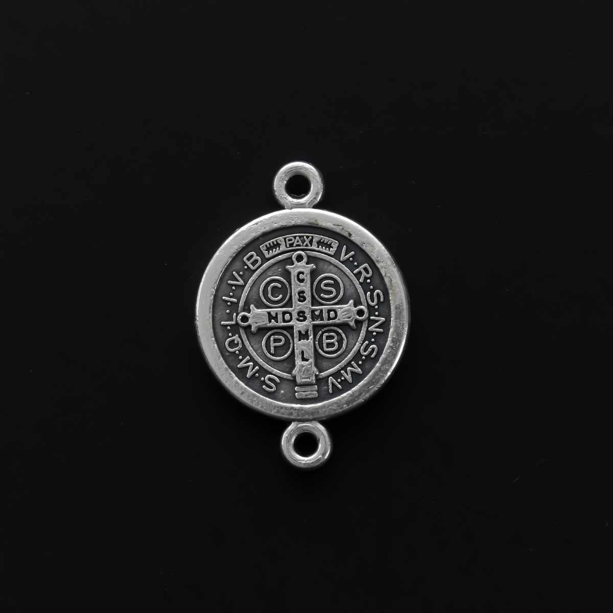 Saint Benedict Medal round flat connector links that are silver oxidized base metal and handcrafted in Italy.