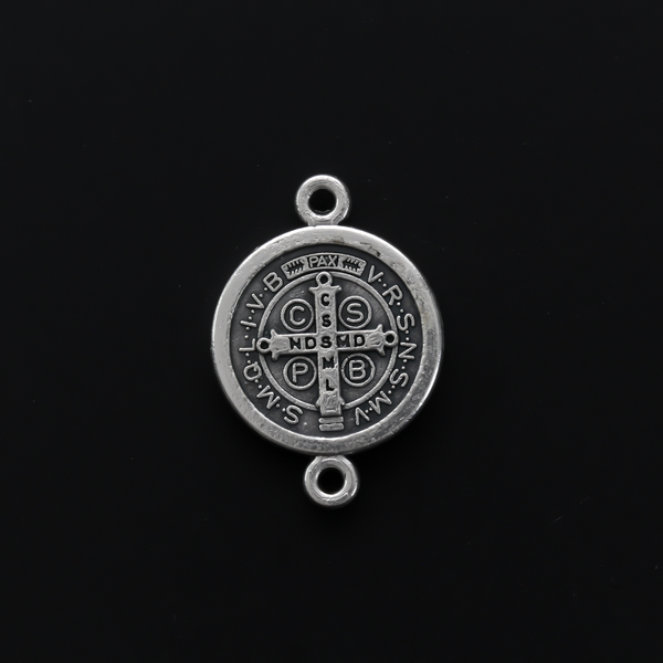 Saint Benedict Medal round flat connector links that are silver oxidized base metal and handcrafted in Italy.