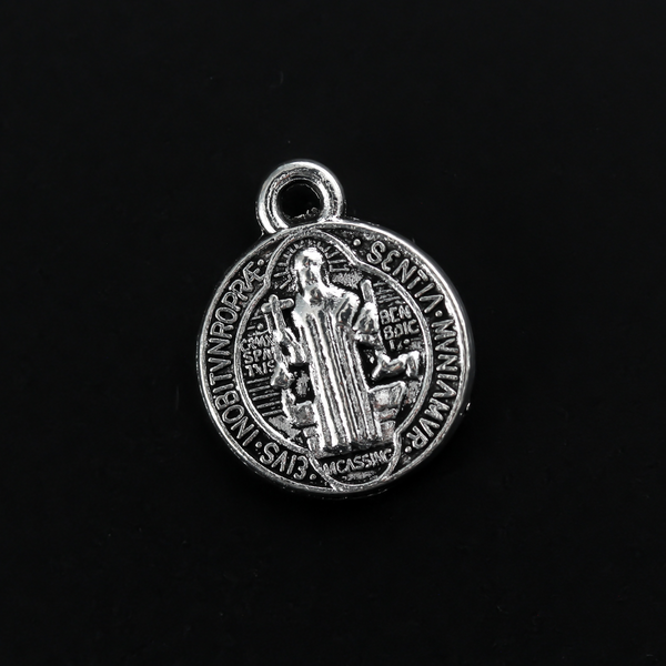Round Saint Benedict medal with Crucified Jesus Christ on the backside