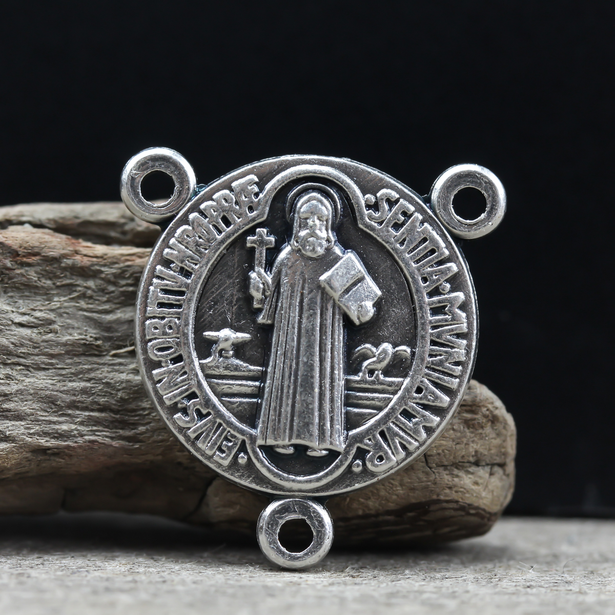 saint benedict rosary centerpiece die cast silver oxidized 3/4" in diameter