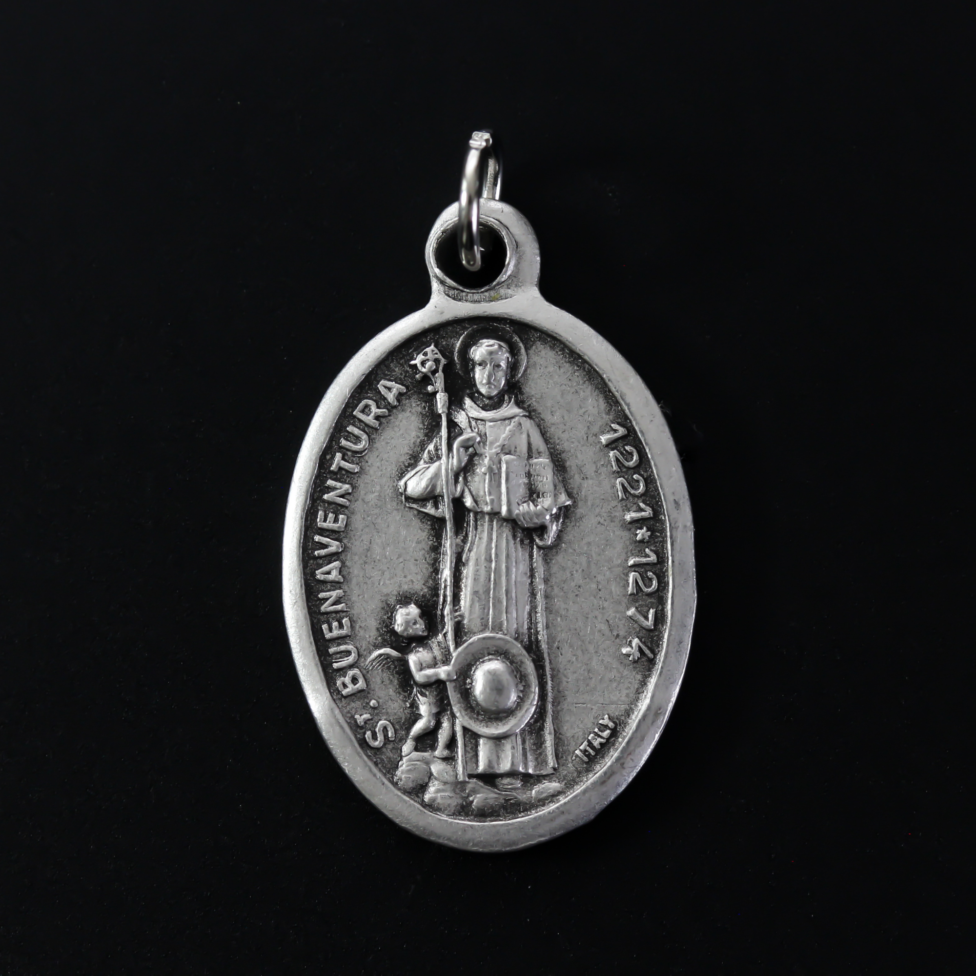 Saint Bonaventure Spanish medal. The front depicts the saint and the reverse depicts Mission San Buenaventura which was founded in 1782