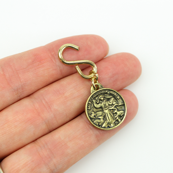 Saint Francis Pet Collar Tag with S Hook Attachment - Antique Gold Tone