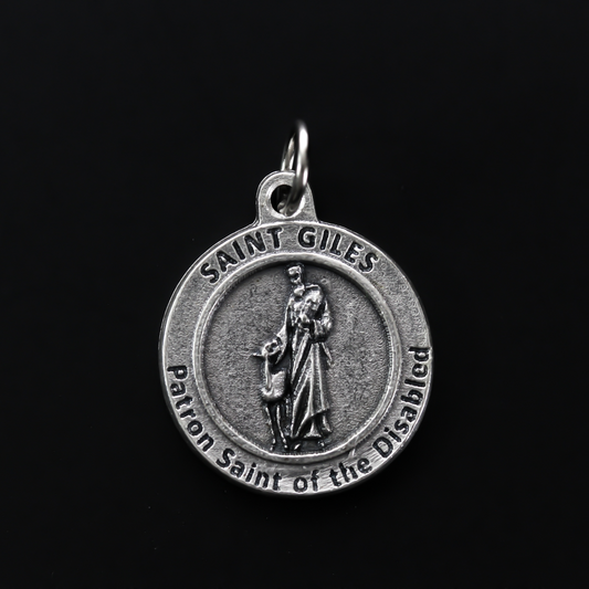 Saint Giles 3/4" round medal. The front depicts the saint and the reverse is marked "Patron Saint of the Disabled".