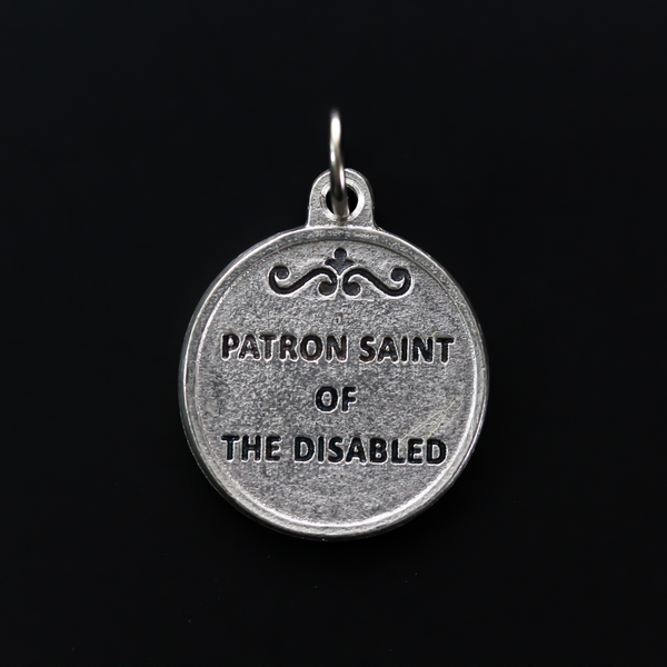 Saint Giles 3/4" round medal. The front depicts the saint and the reverse is marked "Patron Saint of the Disabled".