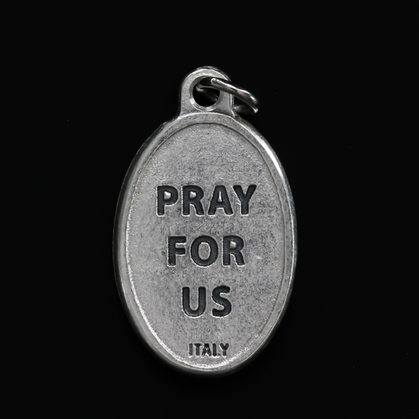 Saint Joseph of Cupertino medal that depicts the saint on the front and "Pray For Us" on the backside