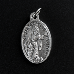 Saint Margaret of Castello medal that depicts the saint on the front and "Pray For Us" on the back