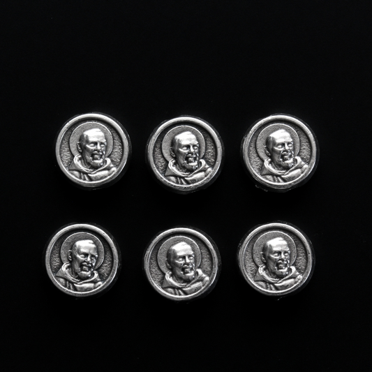 Metal spacer beads that depict Saint Padre Pio on one side and Our Lady of Perpetual Help on the other side.