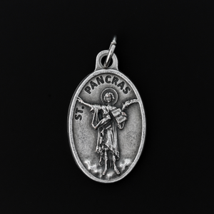 Saint Pancras of Rome medal that depicts the saint on the front and is marked "Pray for us" on the back. Made in Italy.