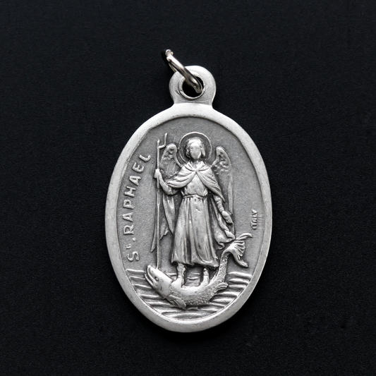 archangel raphael silver tone die cast oval medal