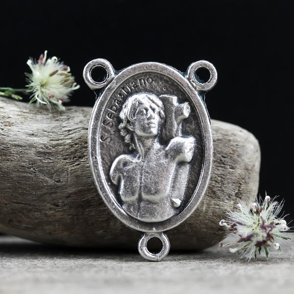 saint sebastion silver tone rosary centerpiece made in italy