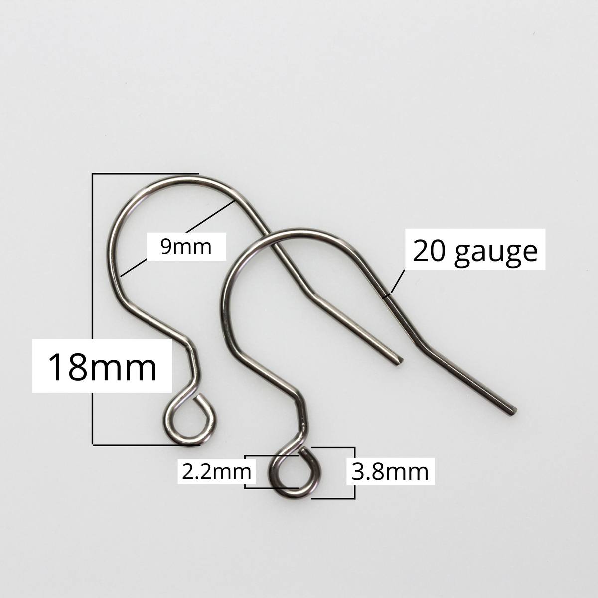 304 Stainless steel earring hooks with a horizontal loop, 20 guage wire. Sold in packages of 30 hooks (15 pairs).
