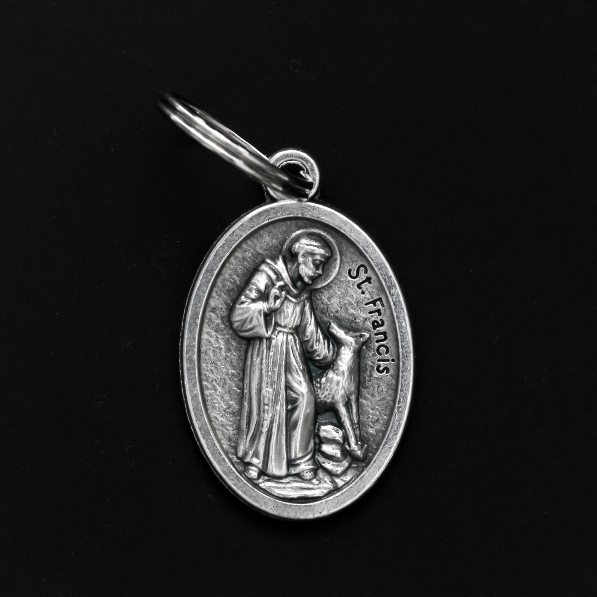 Saint Francis medal that depicts the saint with a wolf on the front. The reverse is marked "Bless and Protect My Pet" in cursive writing