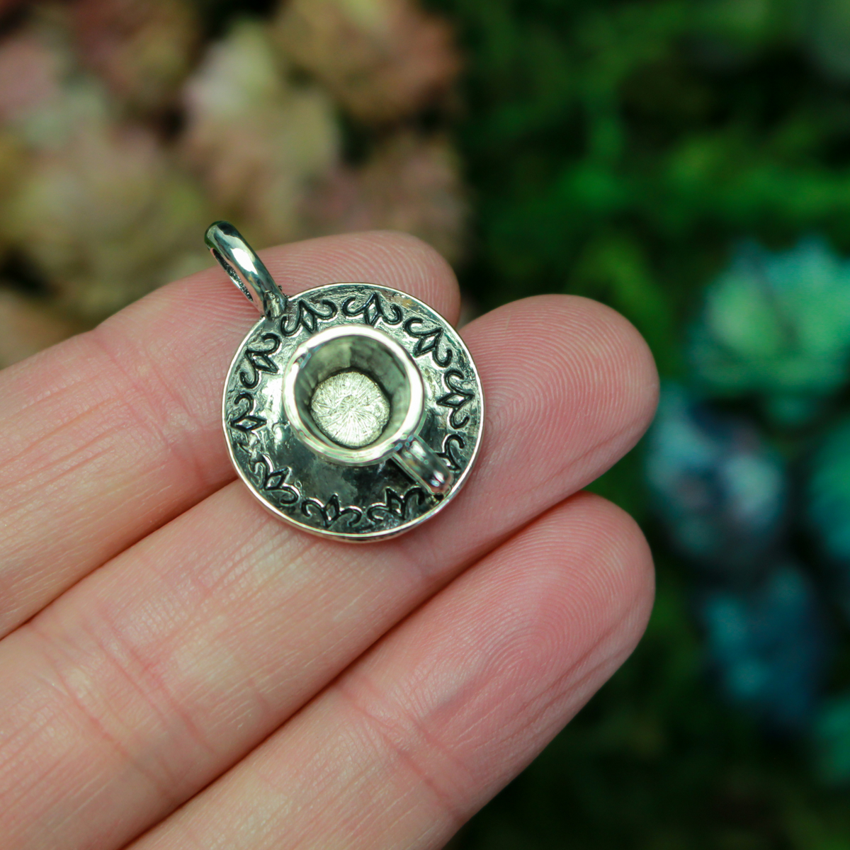 Tiny silver tone cup on a saucer charm. Perfect for coffee or tea lovers! *Necklace is not included*
