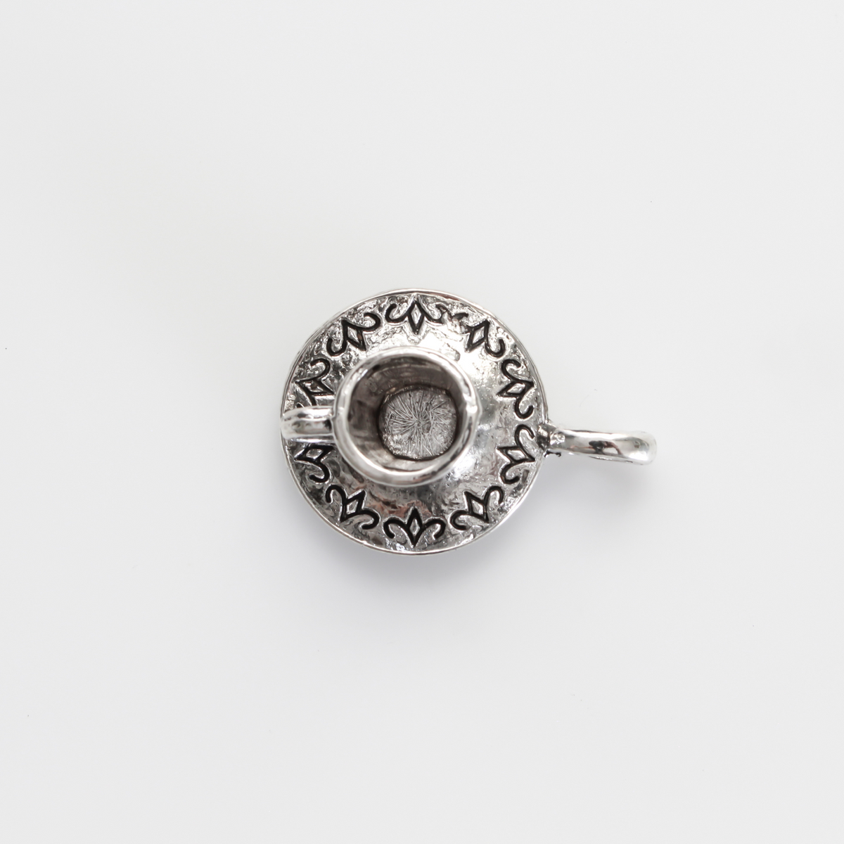Tiny silver tone cup on a saucer charm. Perfect for coffee or tea lovers! *Necklace is not included*