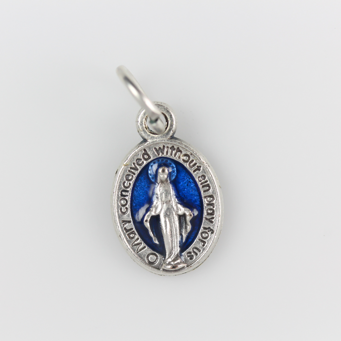 Tiny Miraculous Mary Medal in English with Blue Enamel Background