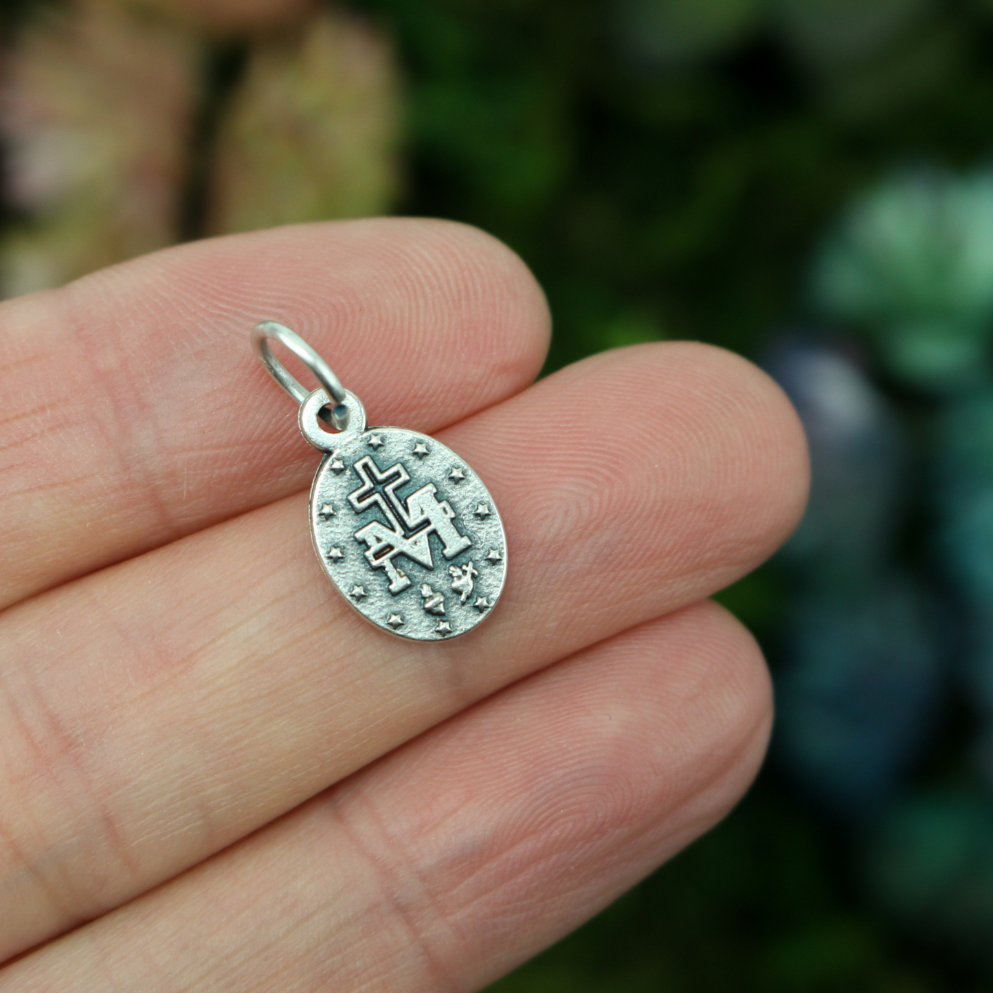 Tiny Miraculous Mary Medal in English with Blue Enamel Background