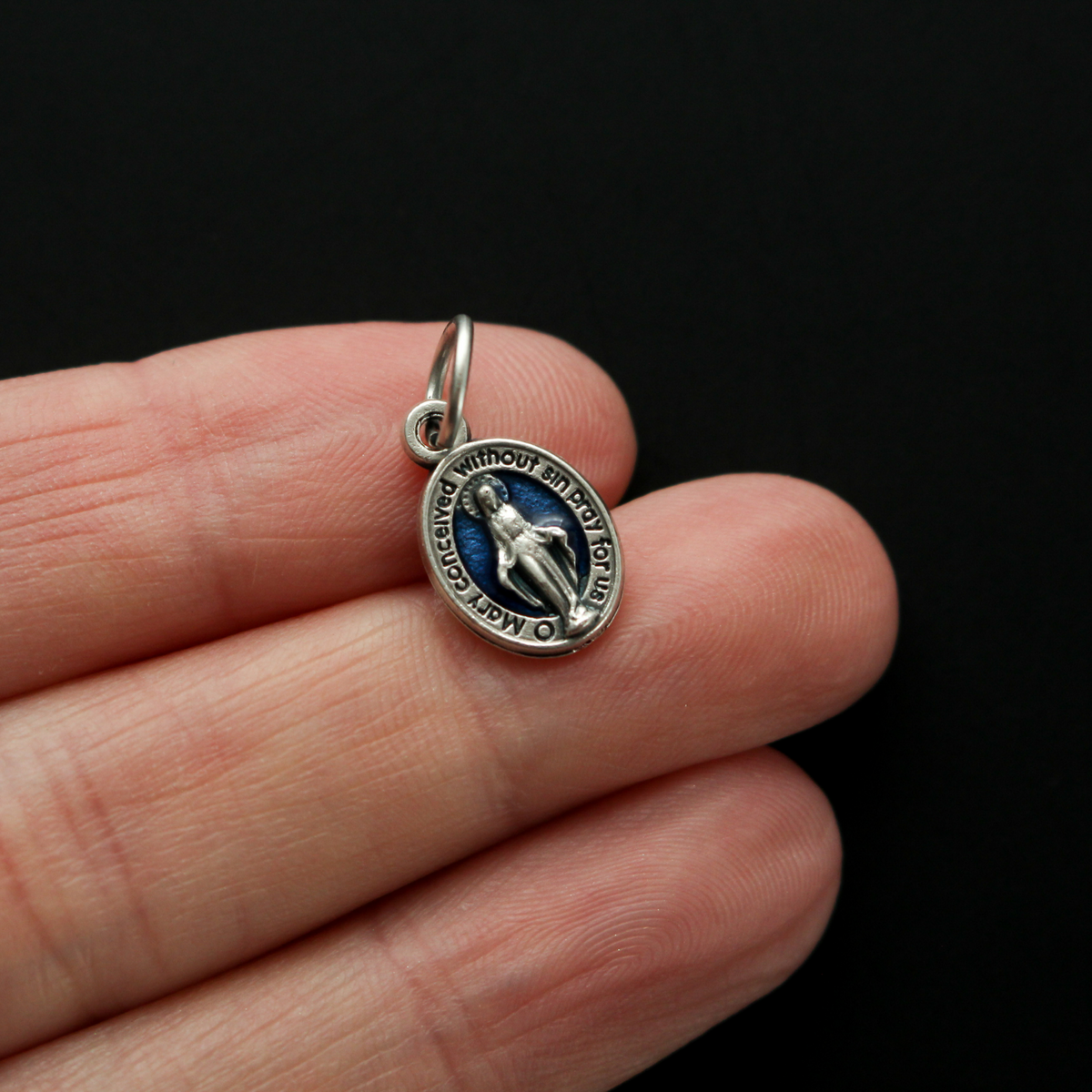 Tiny Miraculous Mary Medal in English with Blue Enamel Background
