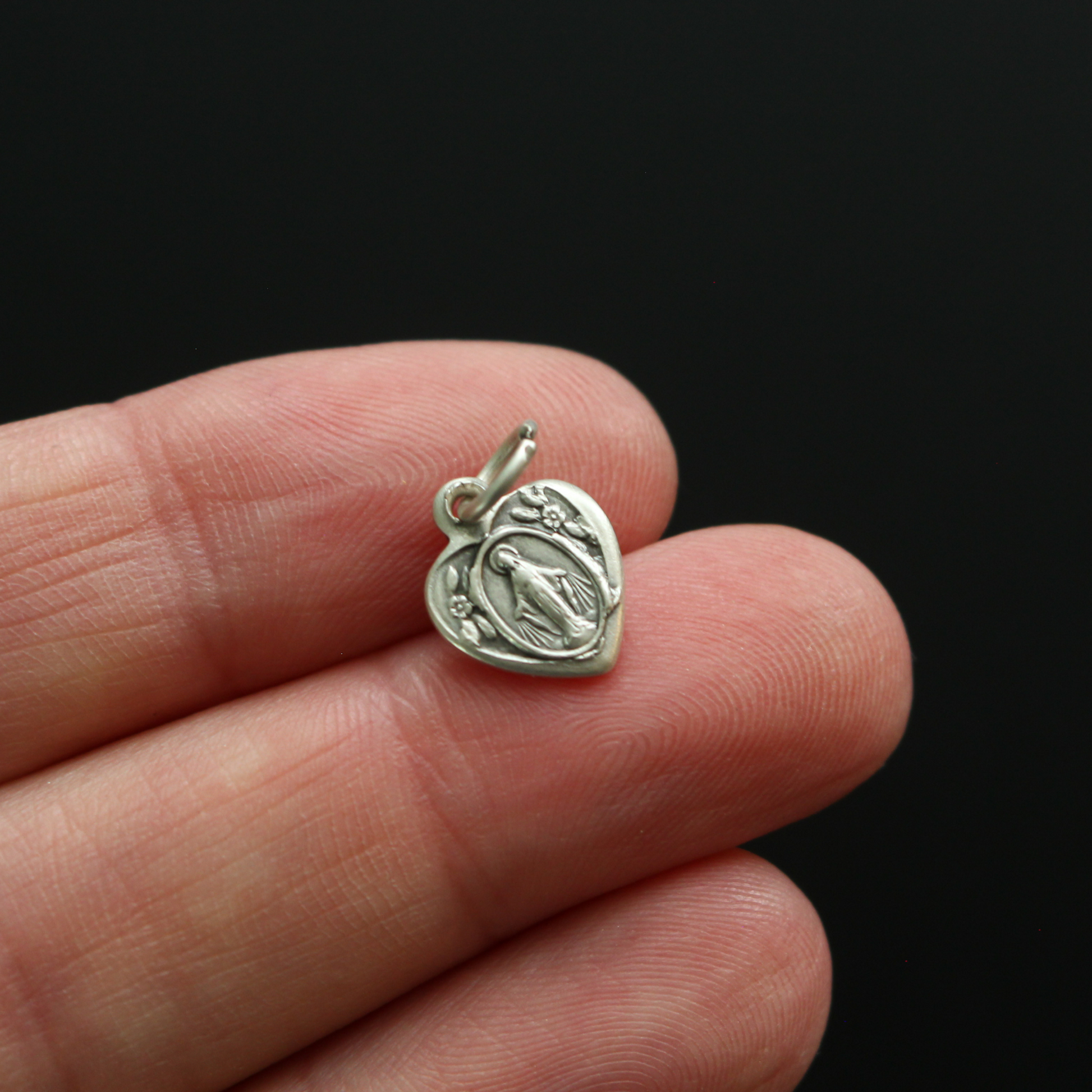 Tiny silver plated Miraculous Medal Heart Shaped Charm - 11mm x 9mm - Made in Italy