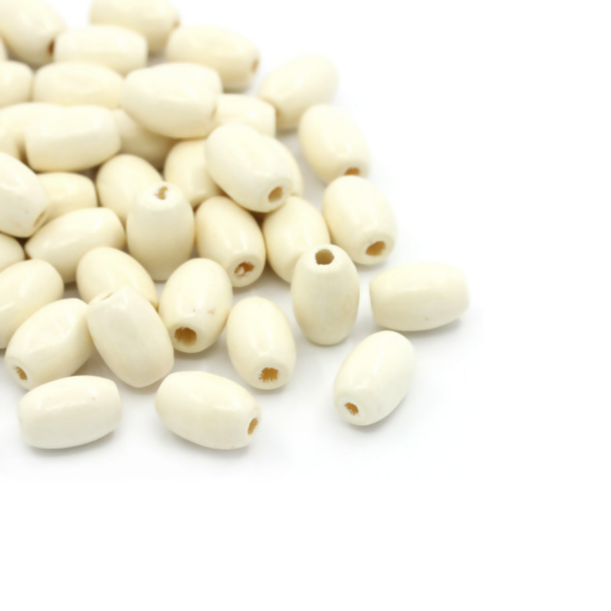off white cylinder wooden beads that 12mm long by 8mm wide with 2.7mm hole