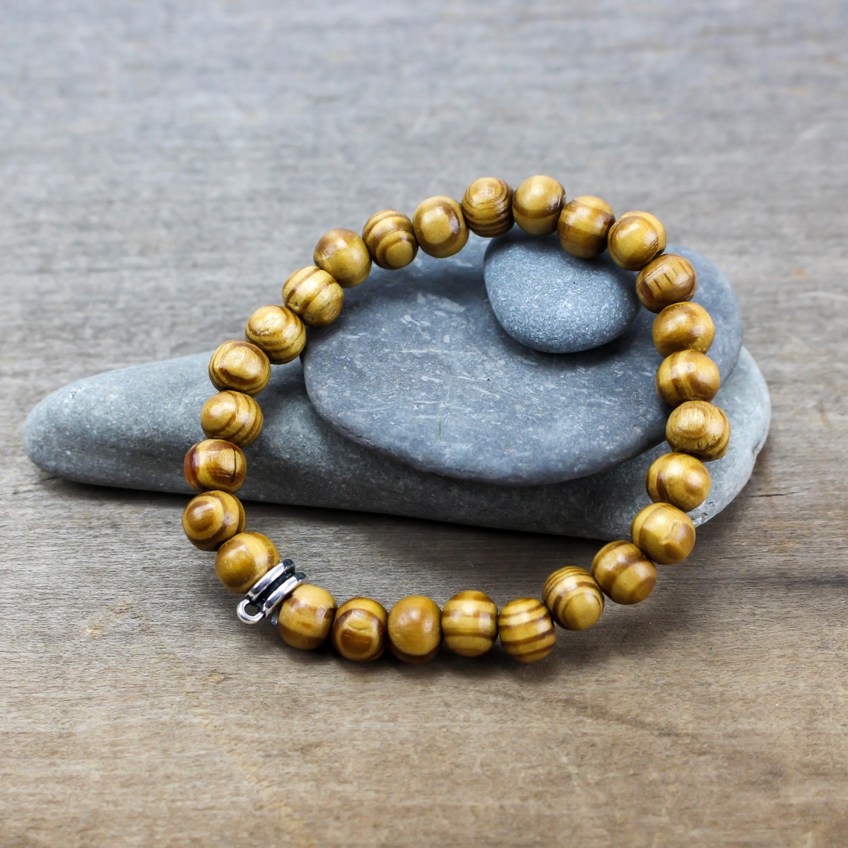 boho style wooden beaded streetch bracelet with tibetan alloy hanger link