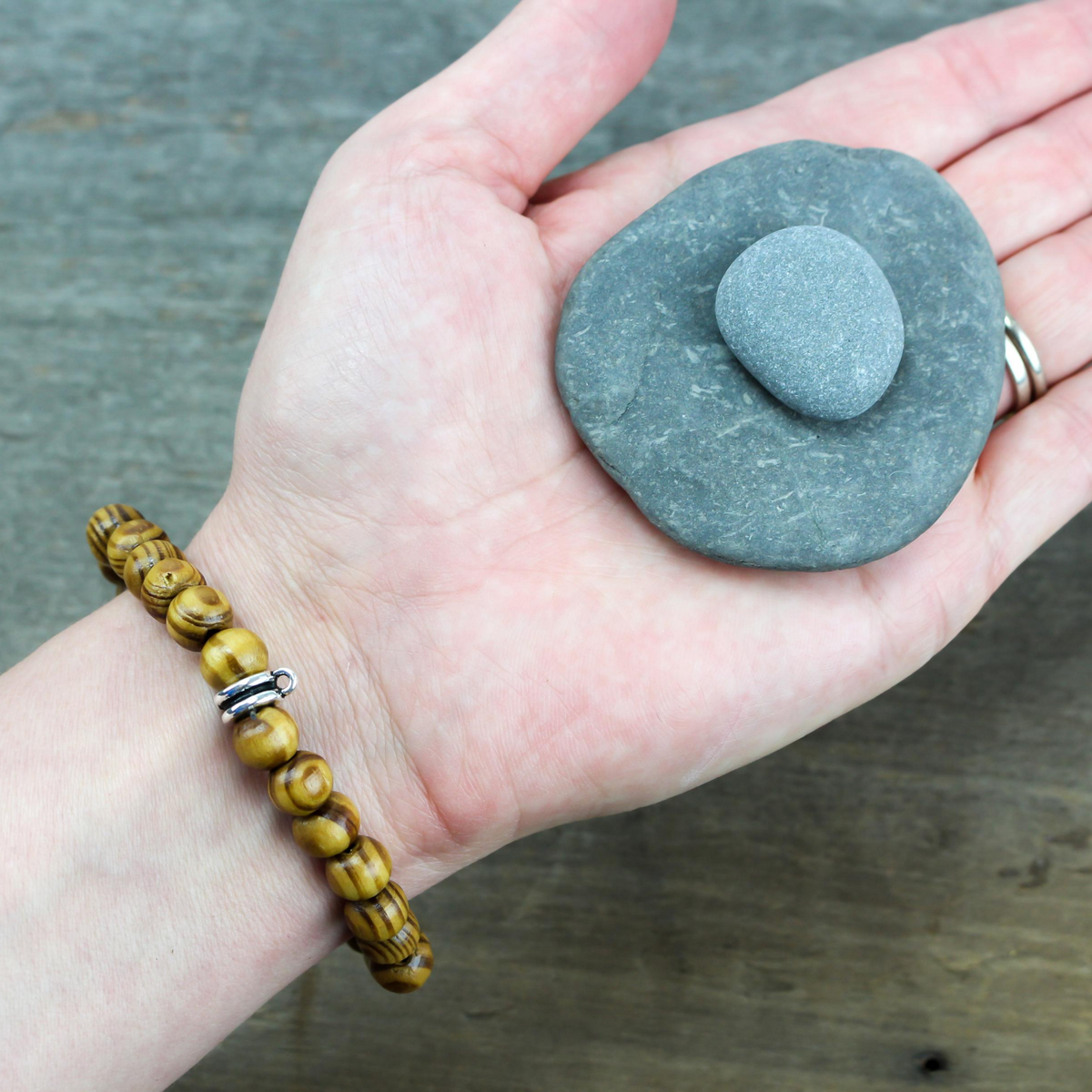 Wooden Bead Stretch Bracelet with Tibetan Style Alloy Charm Connector